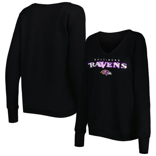 Women's Cuce Black Baltimore Ravens Sequin Logo V-Neck Pullover Sweatshirt