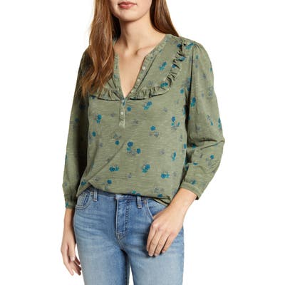 Lucky Brand Print Ruffle Bib Henley, Green
