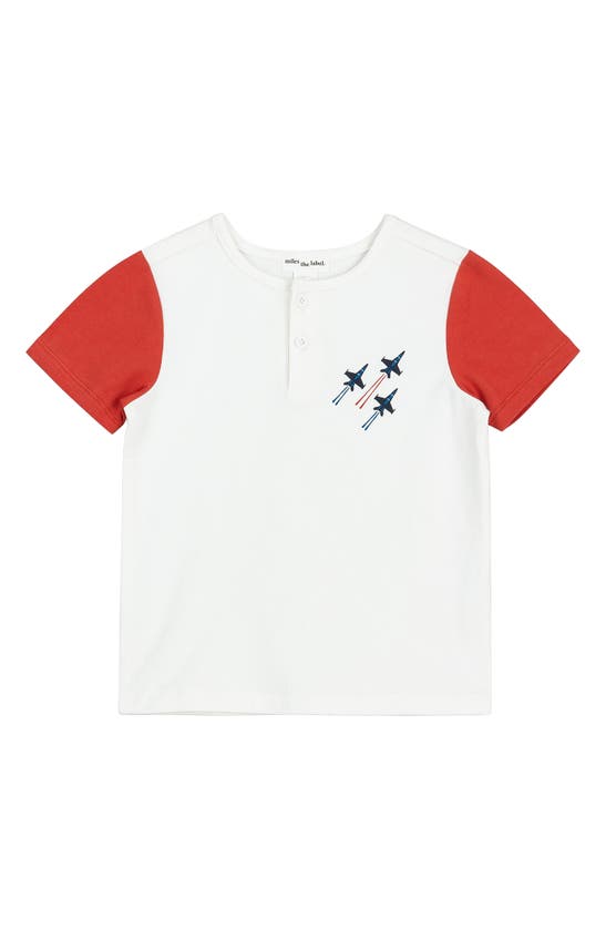 Shop Miles Baby Kids' Fighter Jet Embroidered Colorblock Organic Cotton Henley In Off White