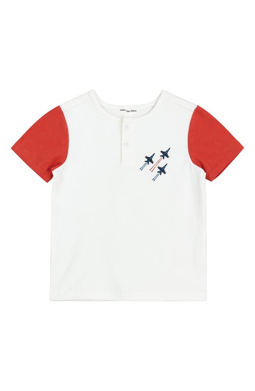 MILES THE LABEL Kids' Fighter Jet Embroidered Colorblock Organic Cotton Henley in Off White 