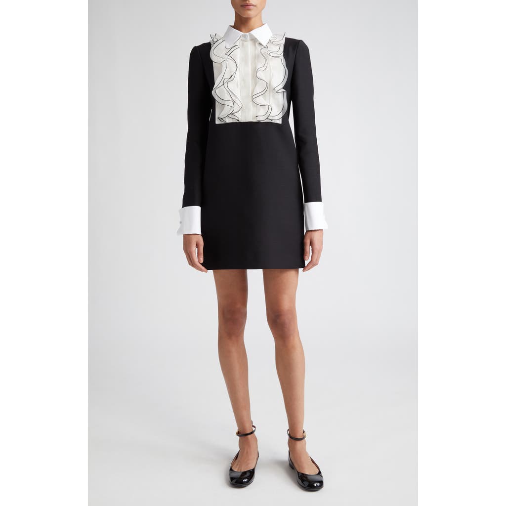 Valentino Ruffle Bib Long Sleeve Crepe Couture Minidress In Black