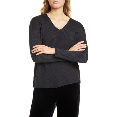 Eileen Fisher Ribbed V-Neck Top, Grey