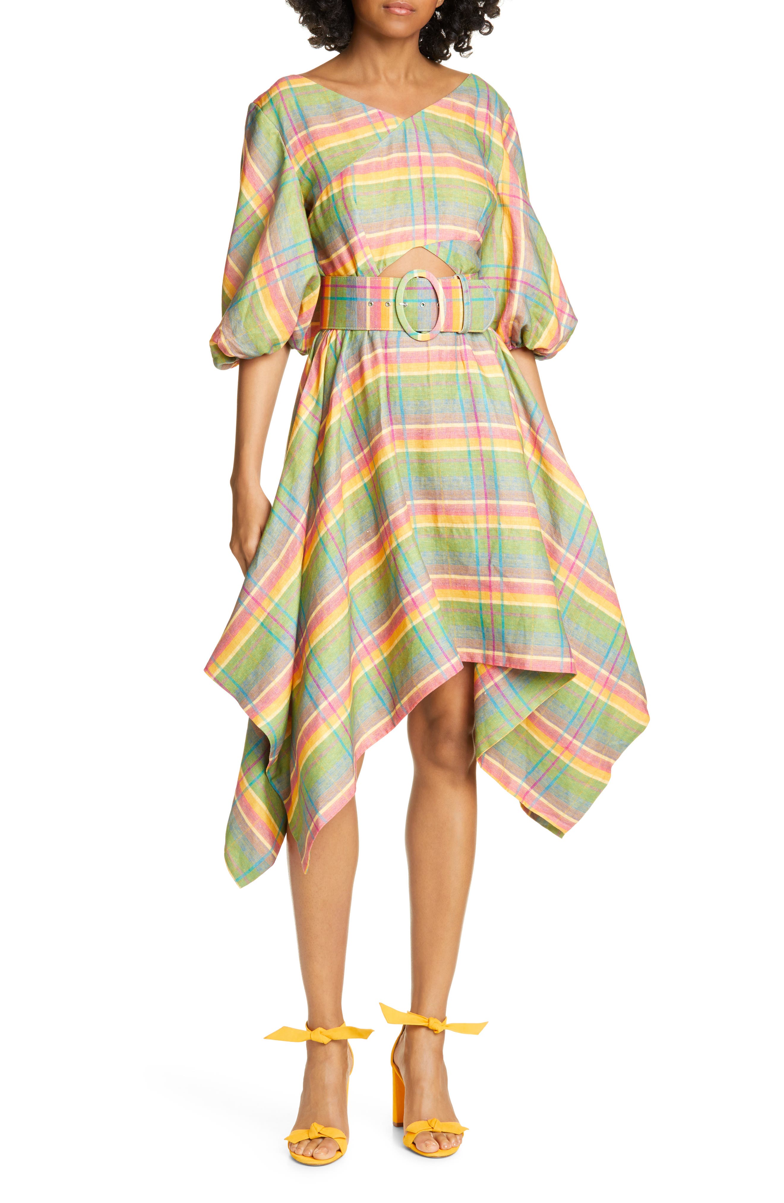 Nicholas Balloon Sleeve Handkerchief Hem Dress, Pink