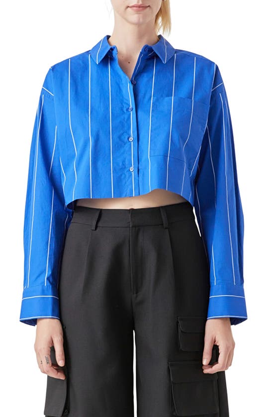 Shop Grey Lab Stripe Crop Button-up Shirt In Blue Stripe