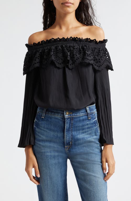 Ramy Brook Holland Ruffle Eyelet Off the Shoulder Top Black at Nordstrom,