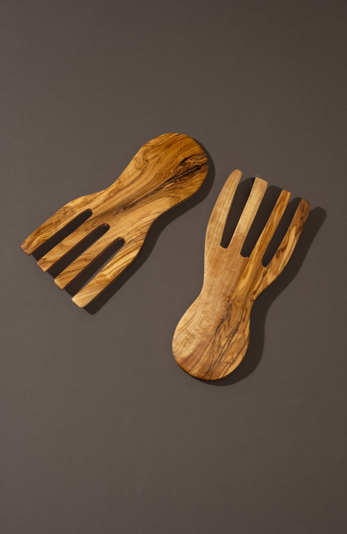 Gharyan Stoneware Olive Wood Salad Servers Flat Forks Set In Natural