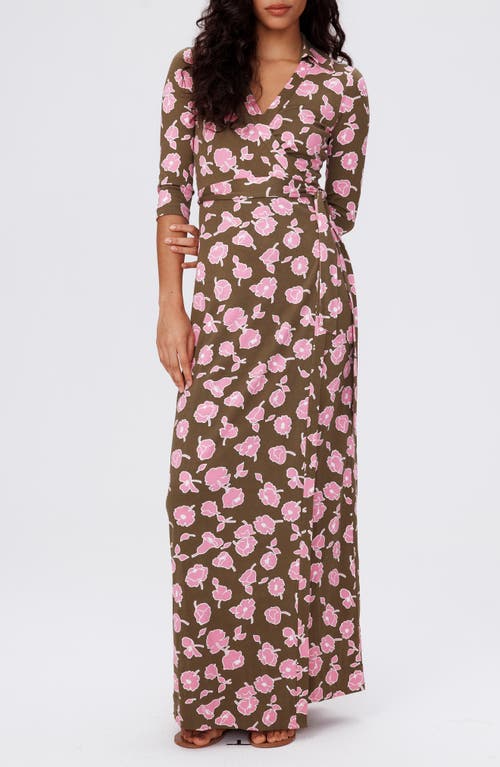 Abigail Floral Silk Wrap Maxi Dress in Rose Showers Khaki Lg