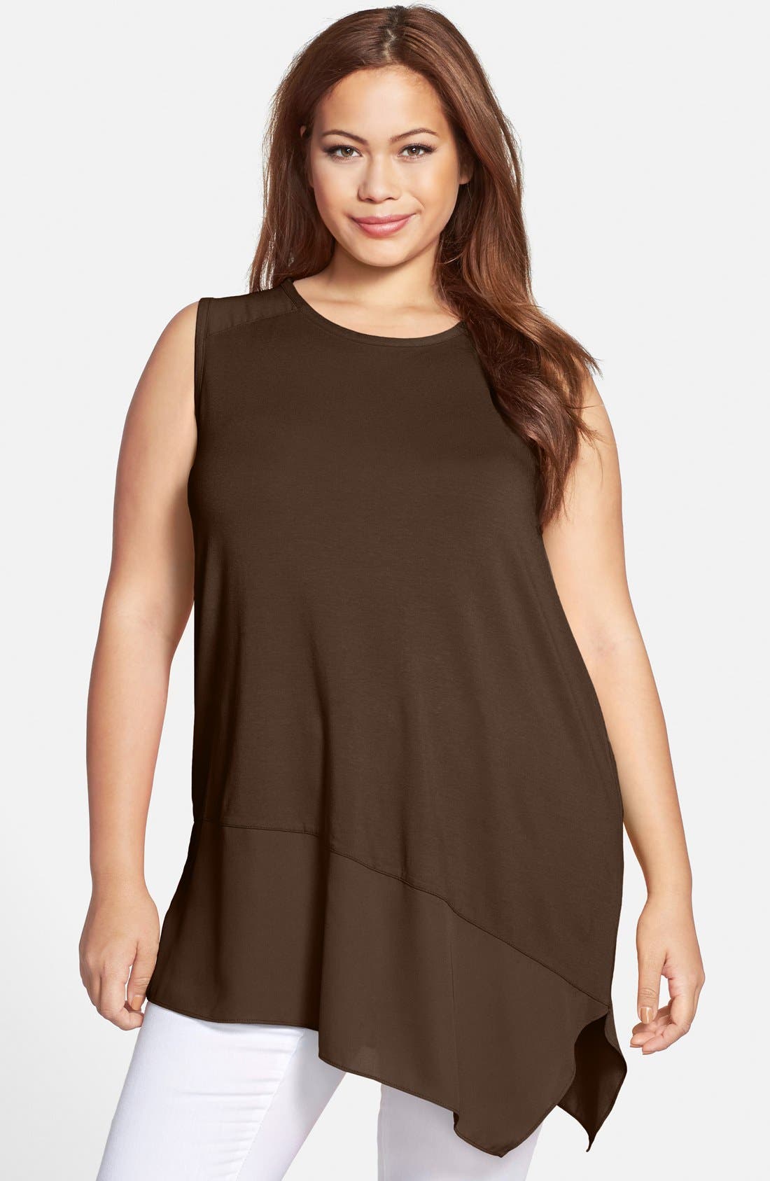 Vince Camuto Asymmetrical Hem Sleeveless Mixed Media Top (Plus Size