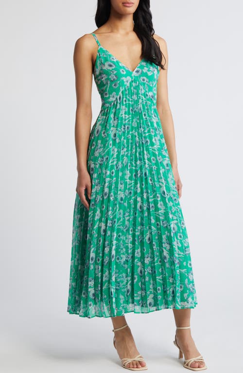 Floral Pleated Sundress in Green- Blue Stylized Floral