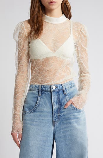 FRAME FRAME SHEER LACE MOCK NECK TOP 