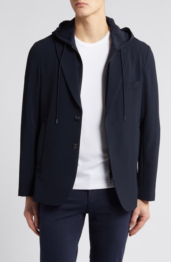 Shop Emporio Armani Techno Stretch Blazer With Removable Hooded Bib Inset In Navy