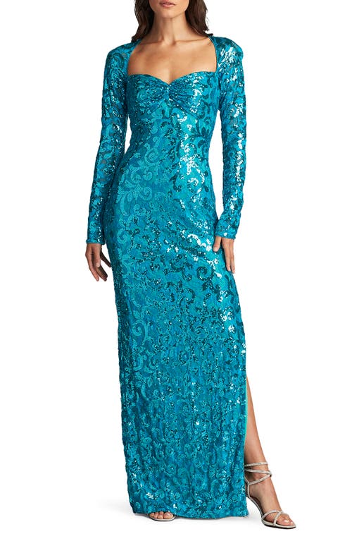 Sequin Tapestry Long Sleeve Column Gown in Sea Breeze