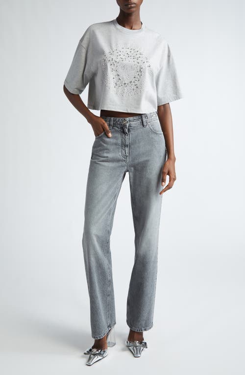 Shop Versace Crystal Hotfix Medusa Boxy Crop T-shirt In Light Grey