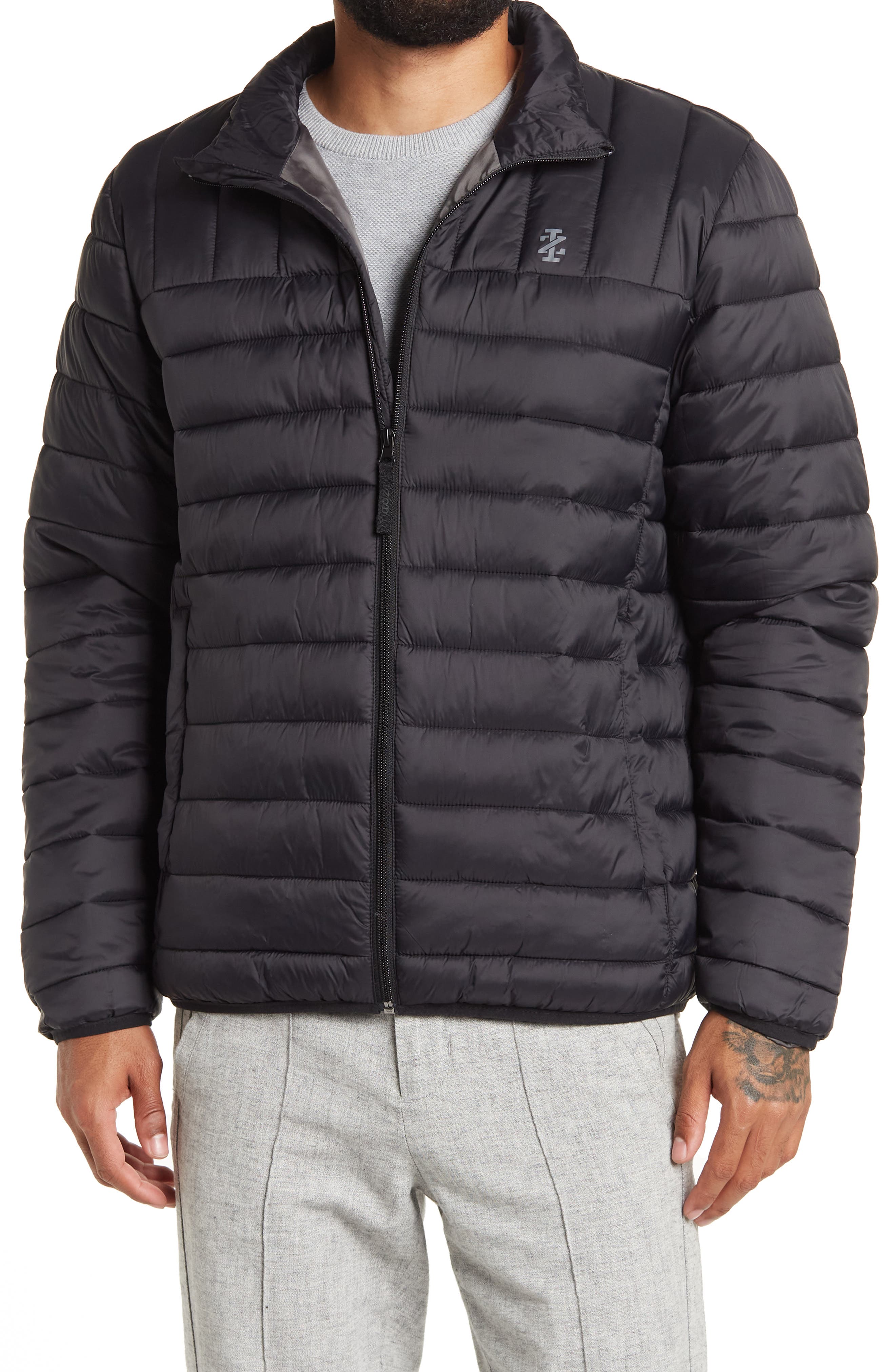 black mock neck puffer jacket