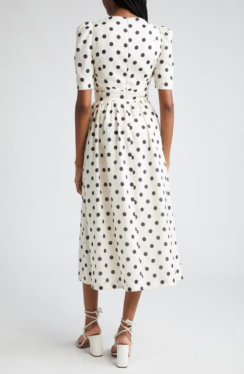 Shop Zimmermann Polka Dot Pleated Linen Midi Dress In Cream/black Dot