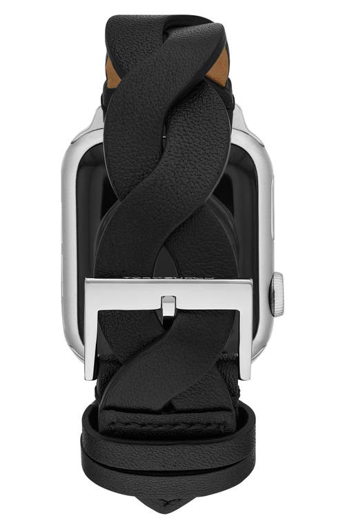 Shop Tory Burch Braided Leather 20mm Apple Watch® Watchband In Black