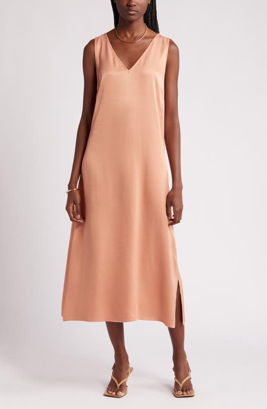 Shop Nordstrom V-neck Sleeveless Satin Midi Dress In Tan Cork