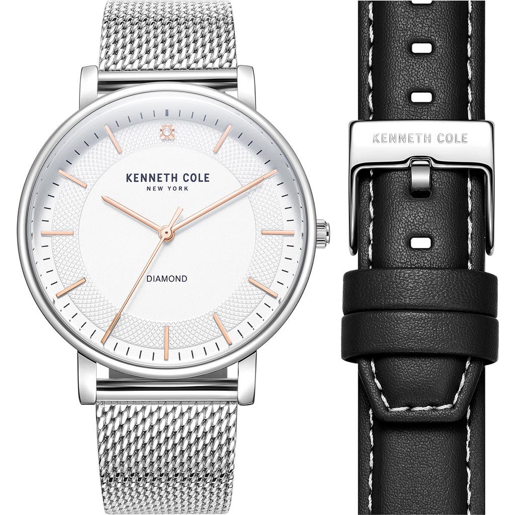 Kenneth Cole Three-hand Quartz Diamond Dial Watch & Interchangeable Strap Set, 42mm In Silver/black