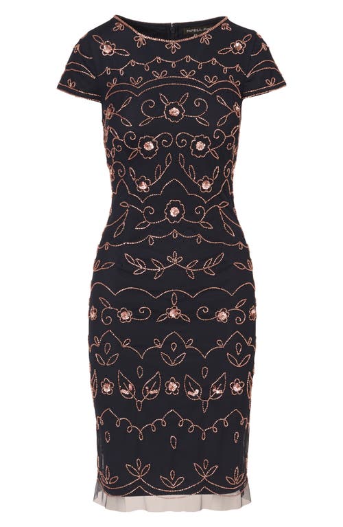 Shop Adrianna Papell Beaded Sheath Cocktail Dress In Navy/rosegold