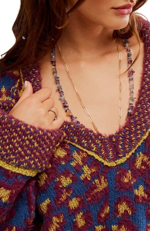 Free People Animal Pattern Tunic Sweater In Blue Fig Combo
