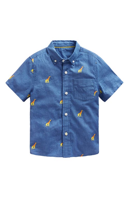 Mini Boden Kids' Giraffe Embroidered Short Sleeve Linen & Cotton Button-Down Shirt Chambray Embroidery at Nordstrom,
