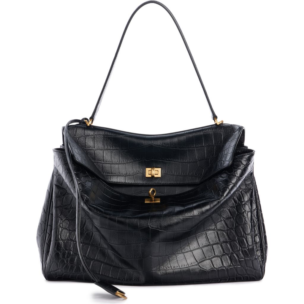 Balenciaga Large Rodeo Croc Embossed Leather Shoulder Bag In 1000 Black