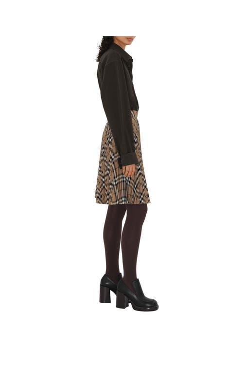 Burberry Pleated Check Wool Blend Skirt In Linden