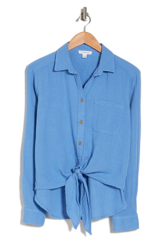 Beachlunchlounge Long Sleeve Tie Hem Cotton Gauze Button-up Shirt In Blue Jay