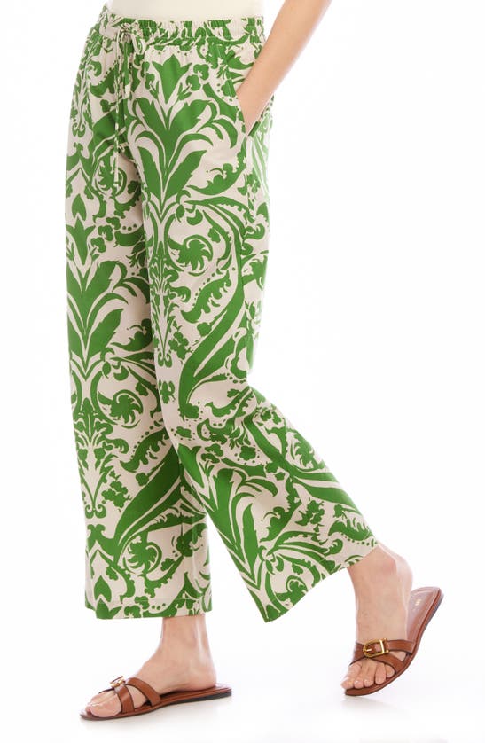 Shop Karen Kane Wide Leg Drawstring Cotton Pants In Green Print