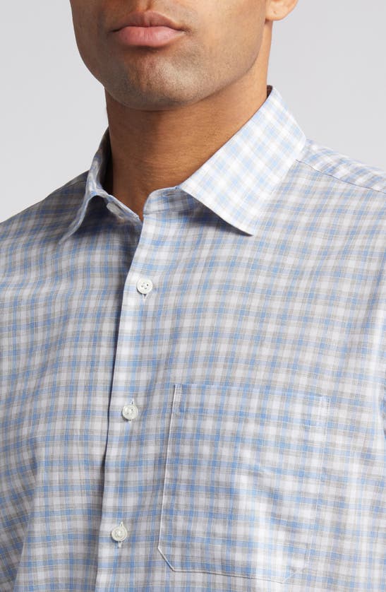 Shop Scott Barber Check Short Sleeve Cotton Chambray Button-up Shirt In Dusk