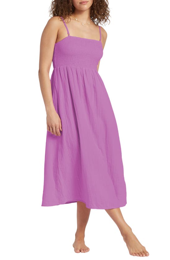 Shop Billabong Off The Coast Smocked Bodice Cotton Midi Dress In Lilac