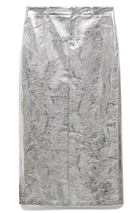 Shop Mango Metallic Faux Leather Midi Skirt In Silver