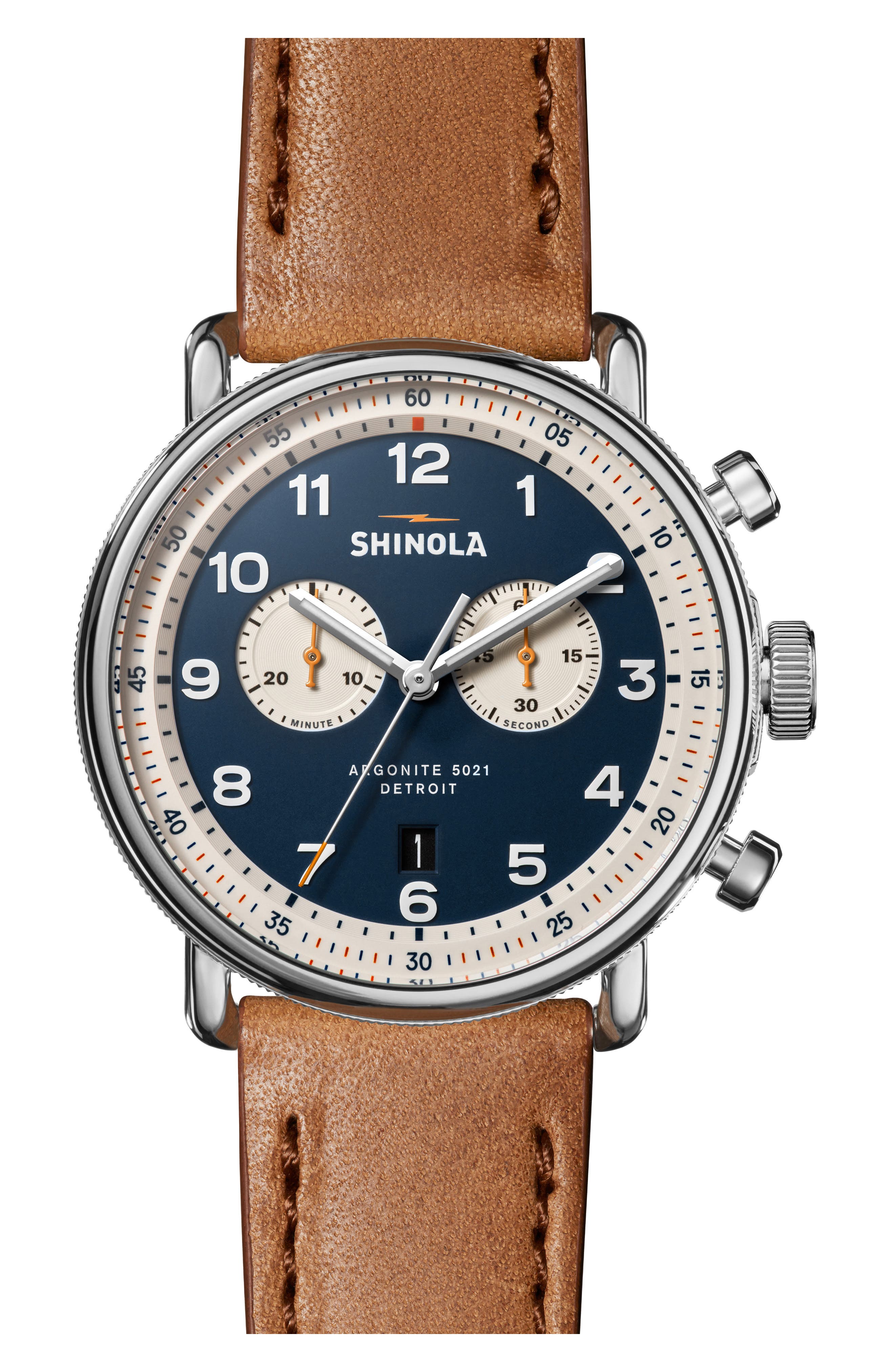 Shinola Canfield Model C56 Chronograph Leather Strap Watch, 43mm in Blue Cover