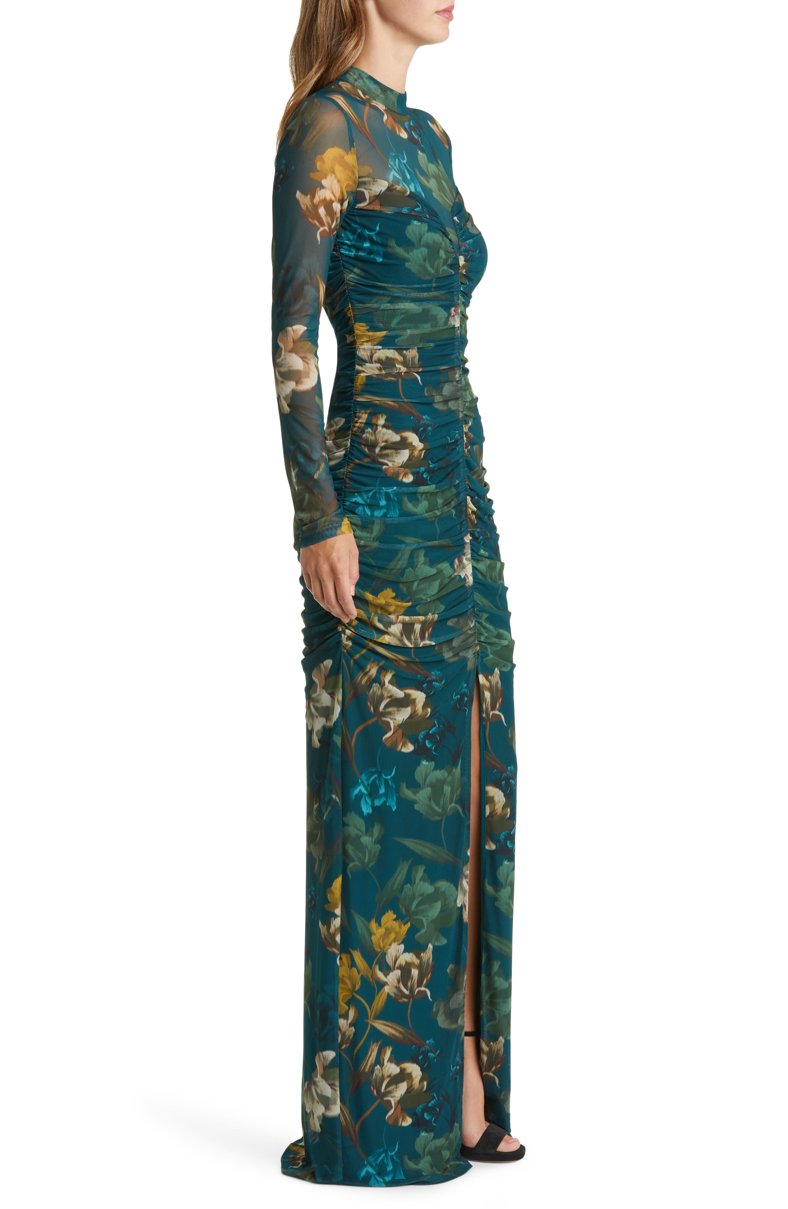 Black Halo Wendy Floral Ruched Long Sleeve Gown in Enchanted Vines | Smart Closet Black Halo Wendy Floral Ruched Long Sleeve Gown in Enchanted Vines | Smart Closet