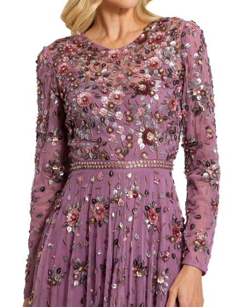 Mac Duggal Long Sleeve High Neck Beaded Gown In Raspberry