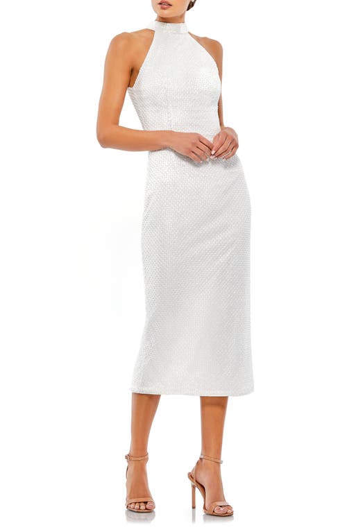 Ieena for Mac Duggal Beaded Halter Neck Sheath Dress in White