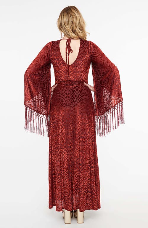 Smak Parlour Fringed Long Bell Sleeved Ruched Maxi Dress In Burgundy