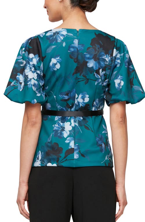 Alex Evenings Floral Puff Sleeve Square Neck Top In Teal Multi