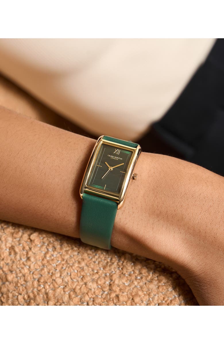 Olivia Burton Grove Rectangular Leather Strap Watch, 23mm, Alternate, color, Forest Green