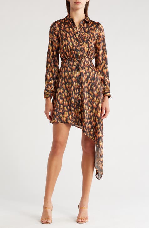 Abstract Print Long Sleeve Asymmetric Shirtdress