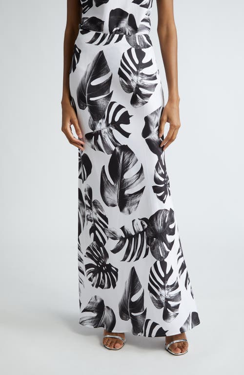 Zeta Palm Satin Maxi Skirt in Black/White Palm Leaves