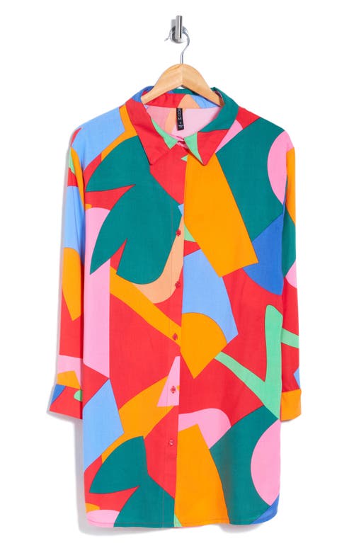 Boho Me Floral Print Button-up Cover-up Shirt In Red Abstract