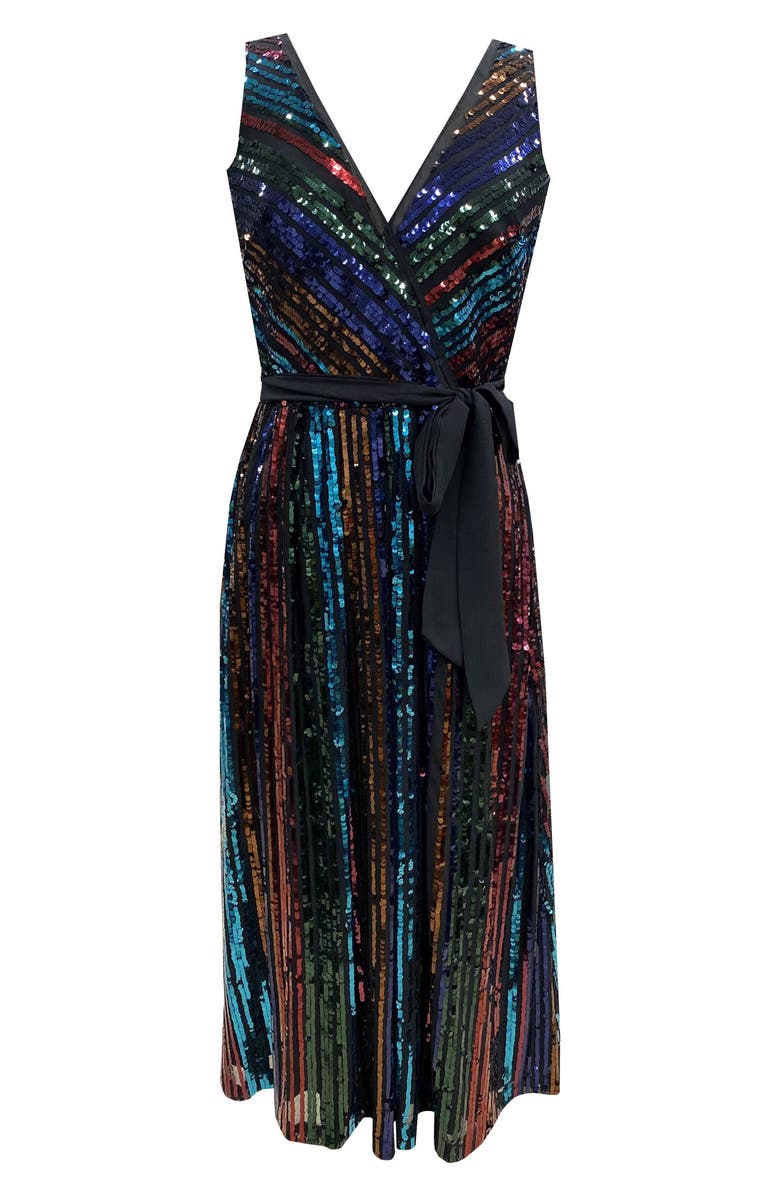 Julia Jordan Rainbow Sequin Stripe Fit & Flare Cocktail Dress, Main, color, 