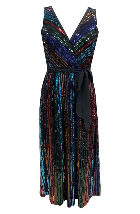 Rainbow Sequin Stripe Fit & Flare Cocktail Dress