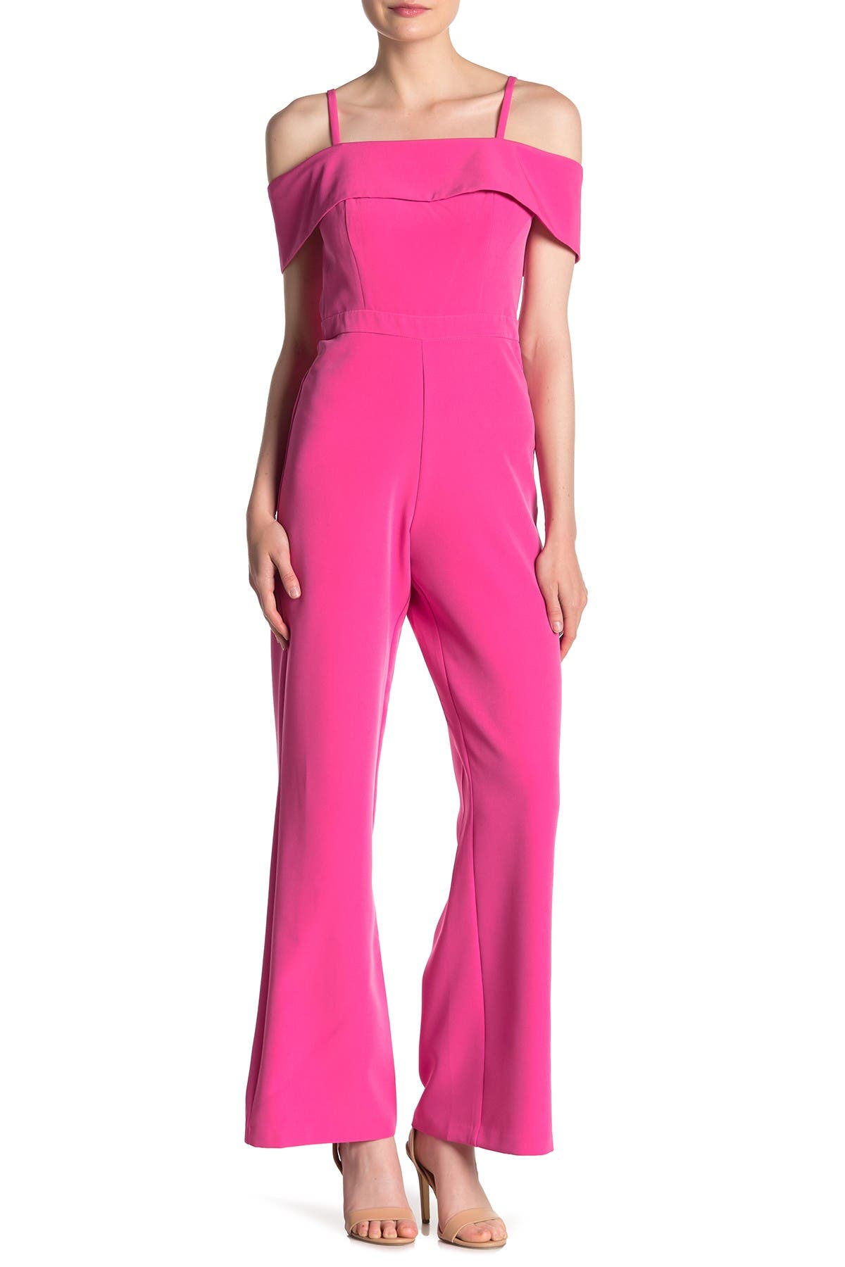 pink cold shoulder jumpsuit