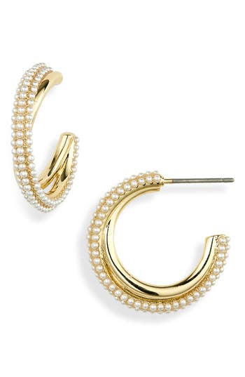 Covet Double Band Micro Imitation Pearl Hoop Earrings In Gold