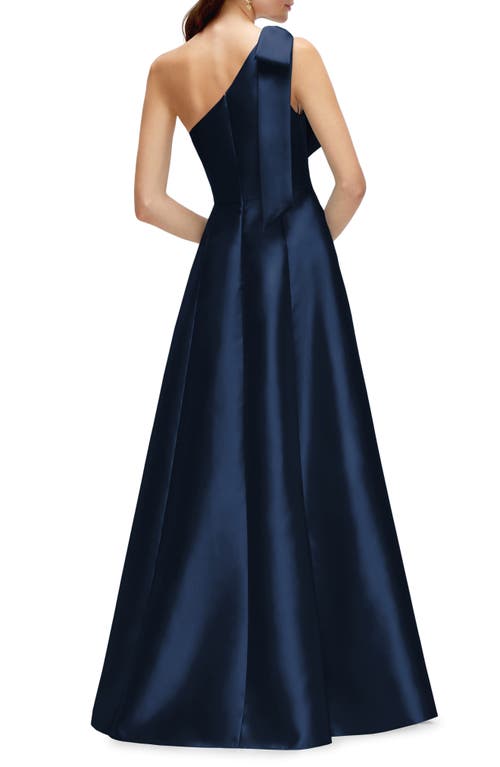 Alfred Sung Bow One-shoulder Full A-line Satin Maxi Dress In Midnight