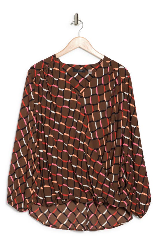 T Tahari Wrap Patterned Blouse In Brown Multi Geo