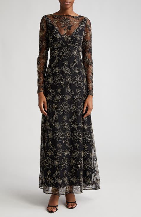 Floral Embroidery Long Sleeve Gown