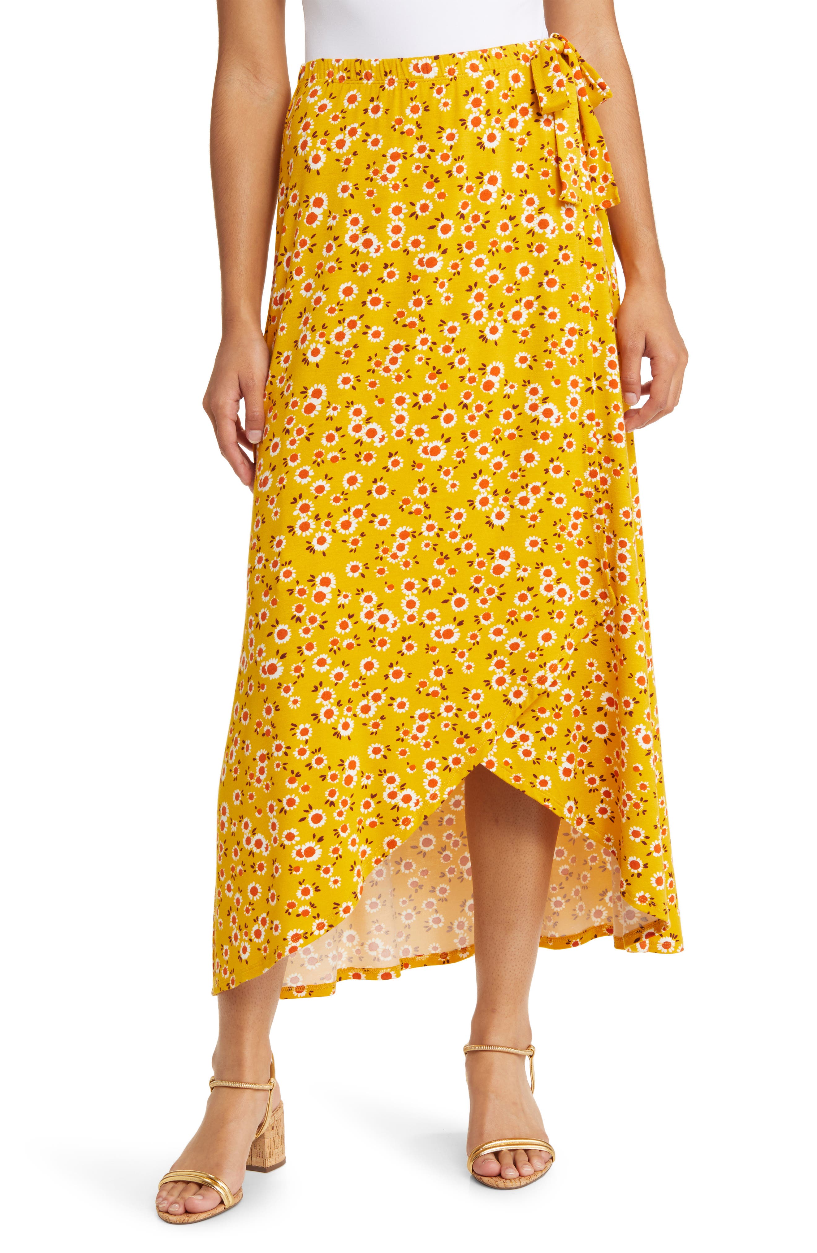 Loveappella Floral Jersey Faux Wrap Skirt in Sunflower Smart Closet